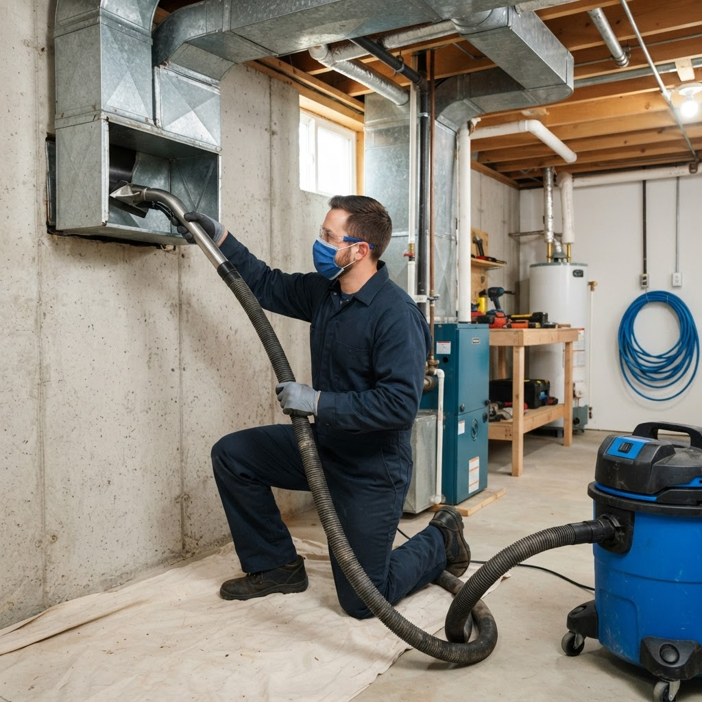Technician cleaning residential air ducts